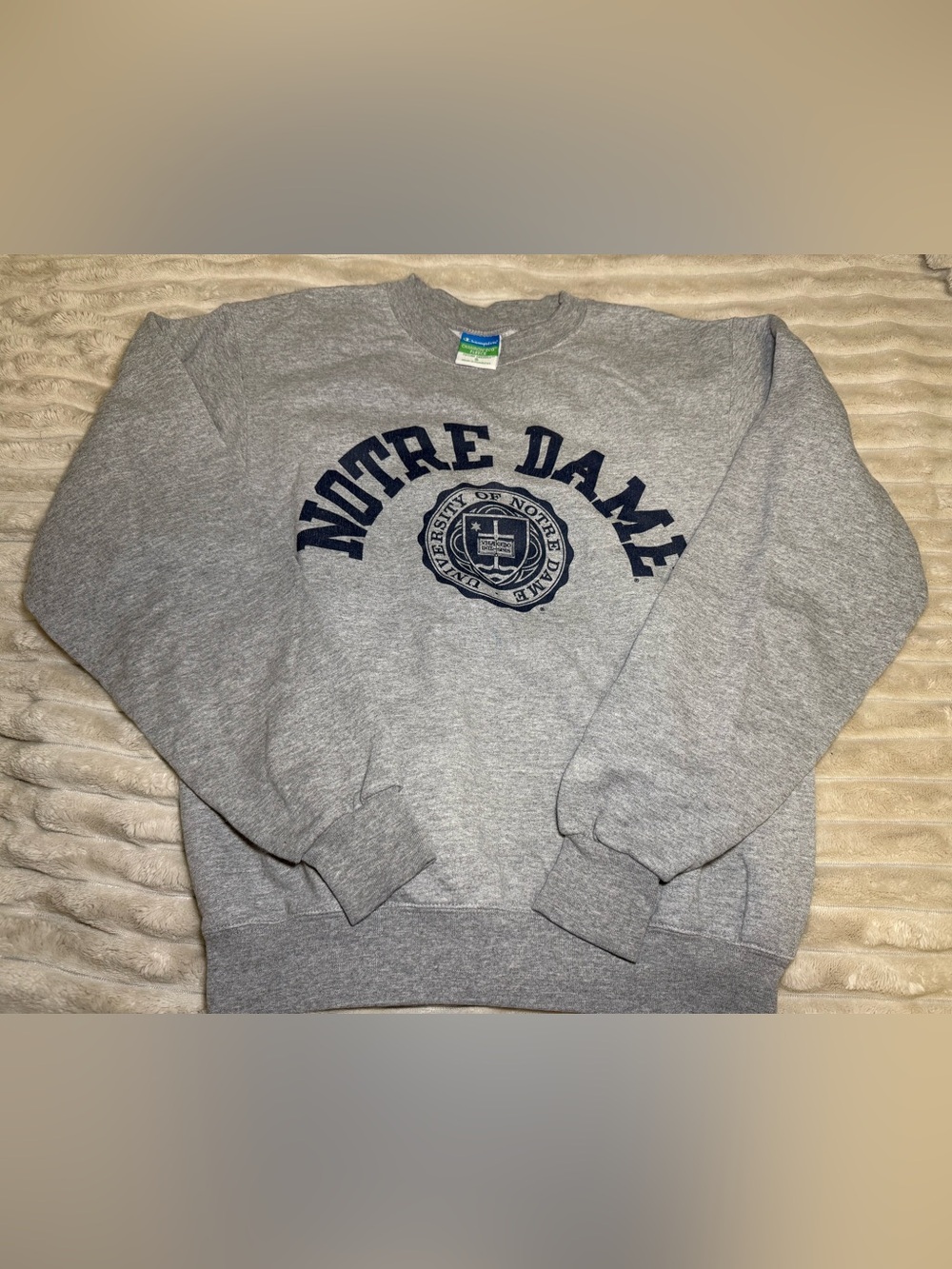 Champion Gray Notre Dame Crewneck Sweatshirt with Navy Logo